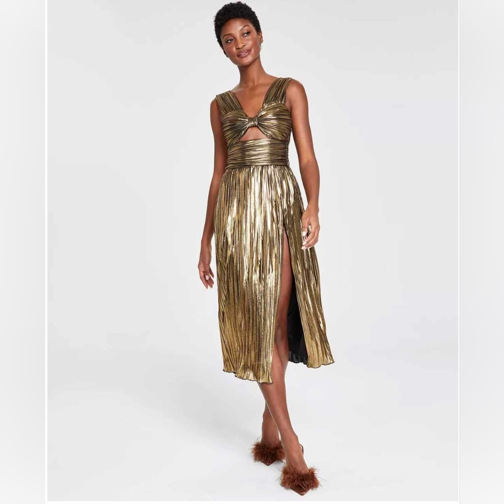Gold Pleated Midi Dress